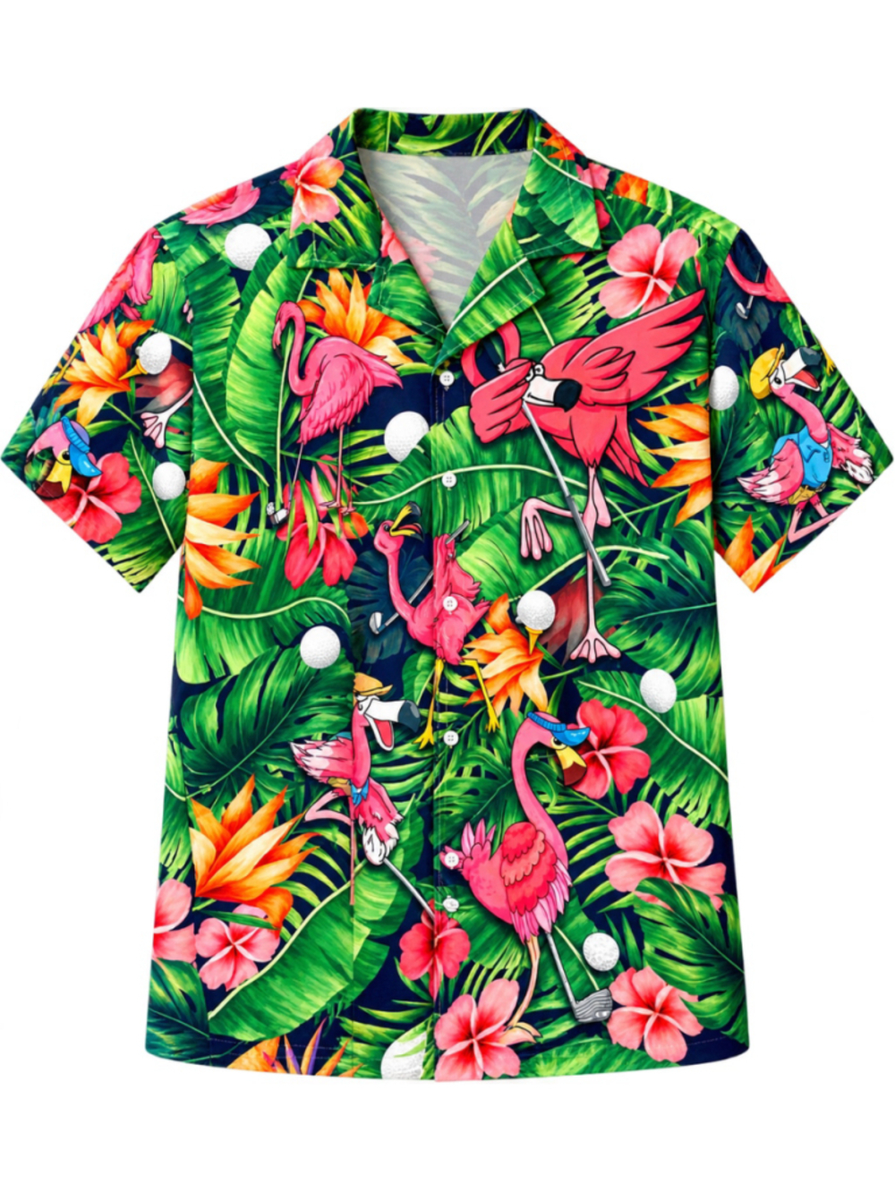 Men's Funny Nerdy Flamingo Golf Print Casual Button Down Shirt, Green/Pink Small
